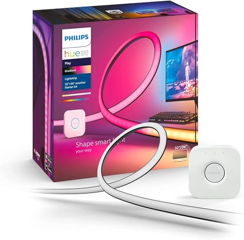 Philips Hue Color & White Ambience Play Gradient, PC Lightstrip für 32/34”, dimmbar, 16 Mio. Farben, steuerbar via App, Starter Set, inkl. Hue Bridge von Philips Hue