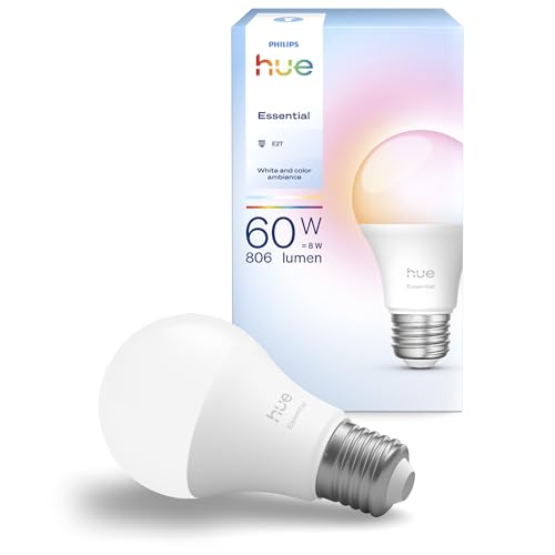 Philips Hue Essential Smart LED A60 Lampe, Weiß und Farbig, E27 Fassung, 8W, 2200K-6500K, 806 Lumen, dimmbar, funktioniert mit Alexa, Google Assistant, und Apple Home, 1er Pack von Philips Hue