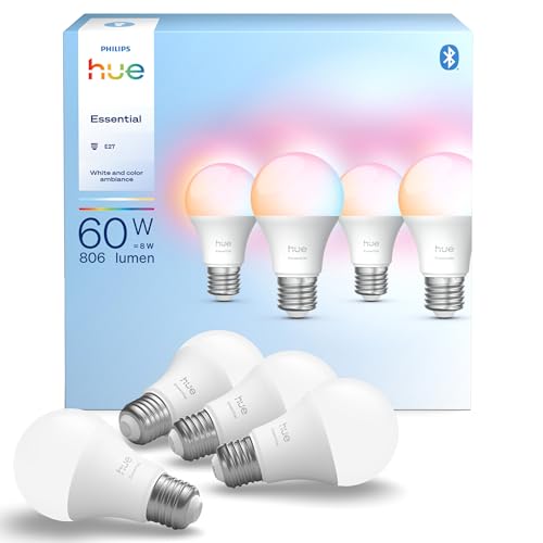 Philips Hue Essential Smart LED A60 Glühbirne,white and color, E27-Fassung, 8 W, 2200 K–6500 K, 806 lm, dimmbar, kompatibel mit Alexa, Google Assistant und Apple Home, 4er-Pack von Philips Hue