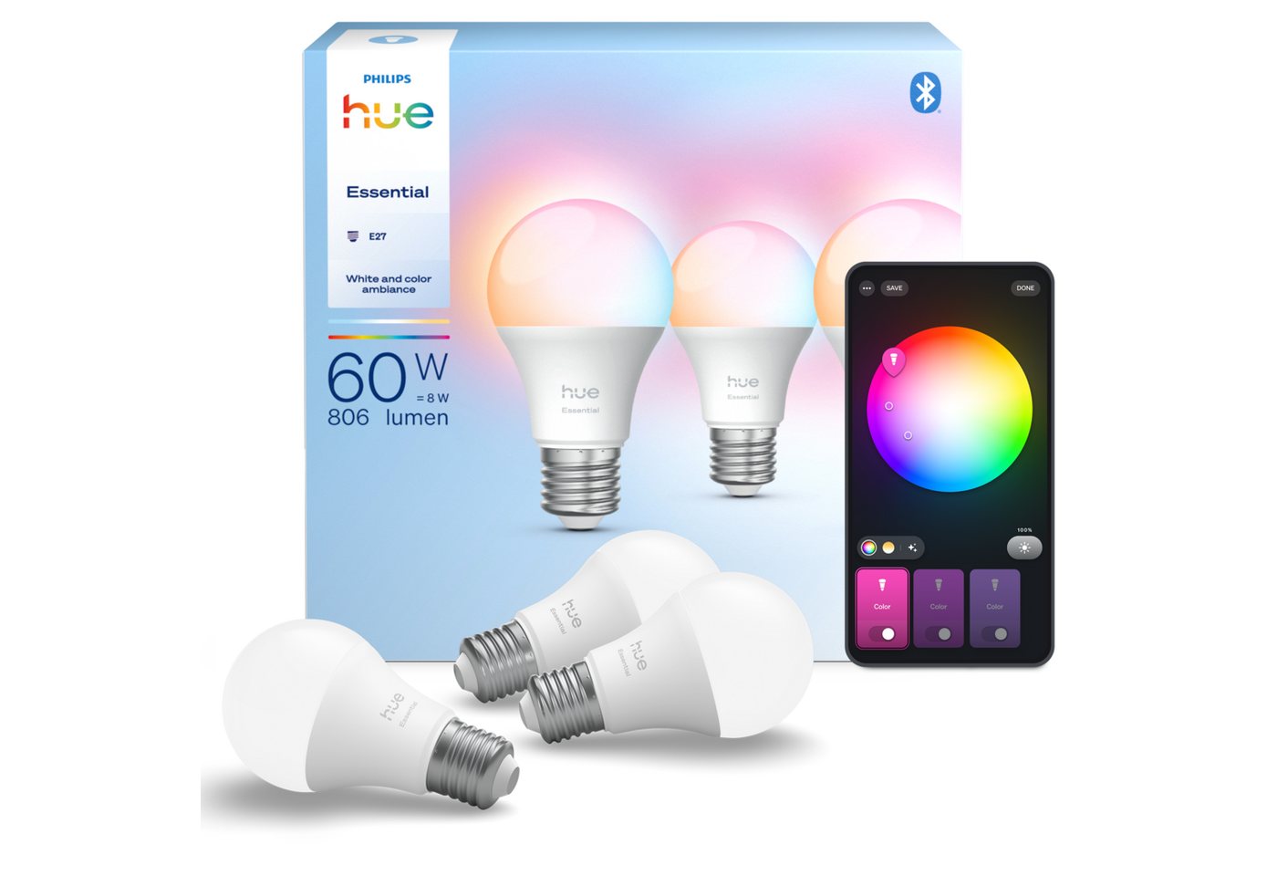 Philips Hue LED-Leuchtmittel Essential White & Color Ambiance smarte Lampe, E27, 3 St., Farbwechsler von Philips Hue