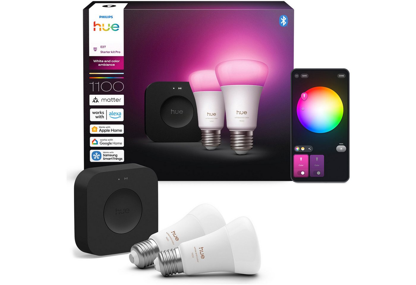 Philips Hue LED-Leuchtmittel Starter Kit Bridge Pro + 2x White and Color Ambiance, E27, 3 St., Farbwechsler, inkl. Bridge von Philips Hue