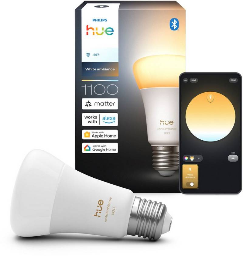 Philips Hue LED-Leuchtmittel White Ambiance 1100lm smarte Lampe, E27, 1 St., Farbwechsler, Vollspektrumlicht 1000K-20000K von Philips Hue