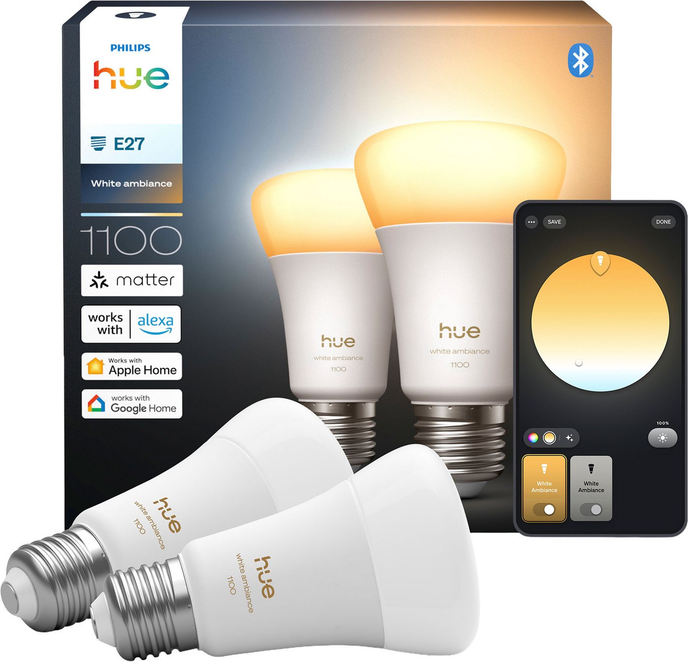 Philips Hue LED-Leuchtmittel White Ambiance 1100lm smarte Lampe, E27, 2 St., Farbwechsler, Vollspektrumlicht 1000K-20000K von Philips Hue