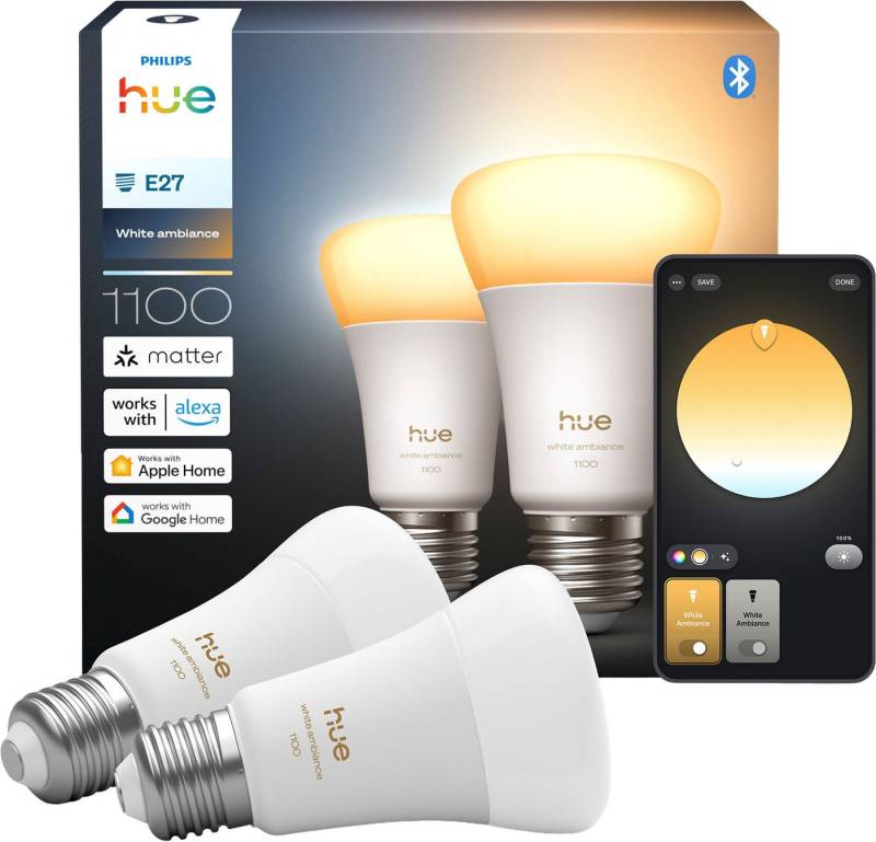 Philips Hue LED-Leuchtmittel White Ambiance 1100lm smarte Lampe, E27, 2 St., Farbwechsler, Vollspektrumlicht 1000K-20000K von Philips Hue