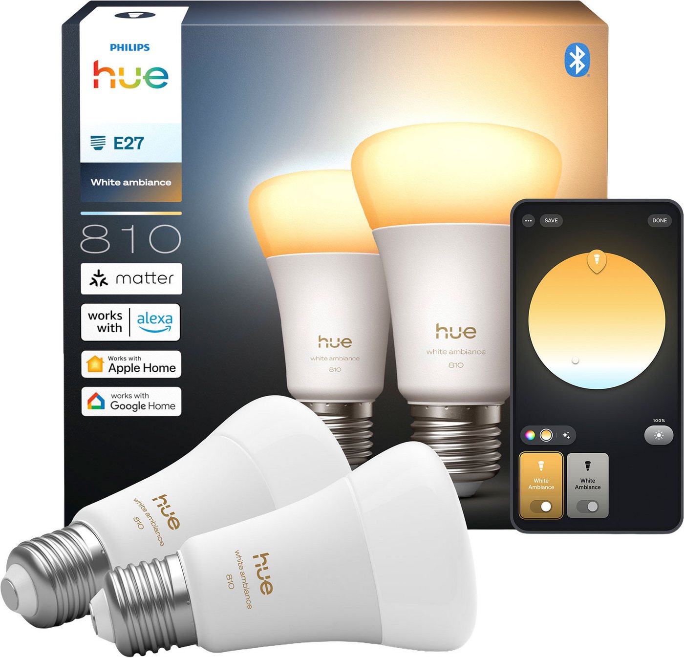 Philips Hue LED-Leuchtmittel White Ambiance 810lm smarte Lampe, E27, 2 St., Farbwechsler, Vollspektrumlicht 1000K-20000K von Philips Hue