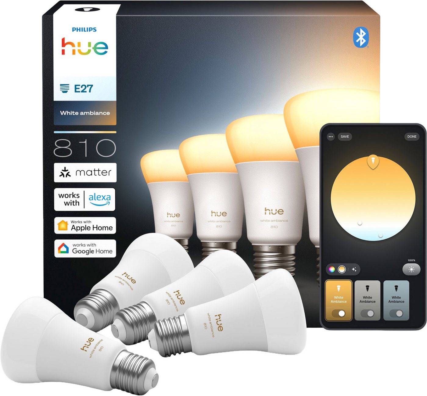 Philips Hue LED-Leuchtmittel White Ambiance 810lm smarte Lampe, E27, 4 St., Farbwechsler, Vollspektrumlicht 1000K-20000K von Philips Hue