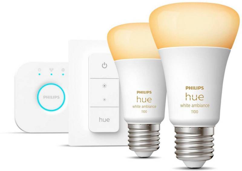 Philips Hue LED-Leuchtmittel White Ambience E27 8W 2er Starter Set mit Dimmschalter, E27, 2 St. von Philips Hue