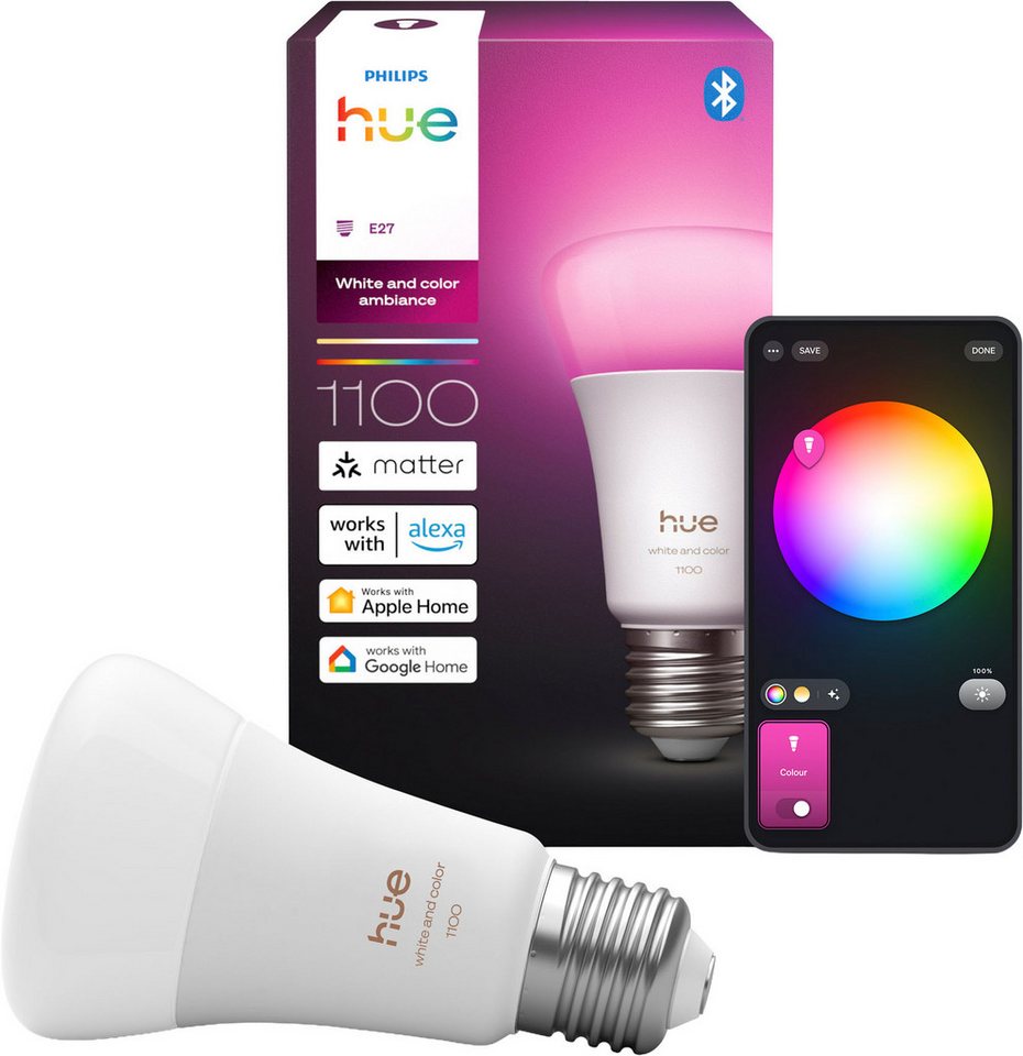 Philips Hue LED-Leuchtmittel White and Color Ambiance 1100lm smarte Lampe, E27, 1 St., Farbwechsler, Vollspektrumlicht 1000K-20000K von Philips Hue