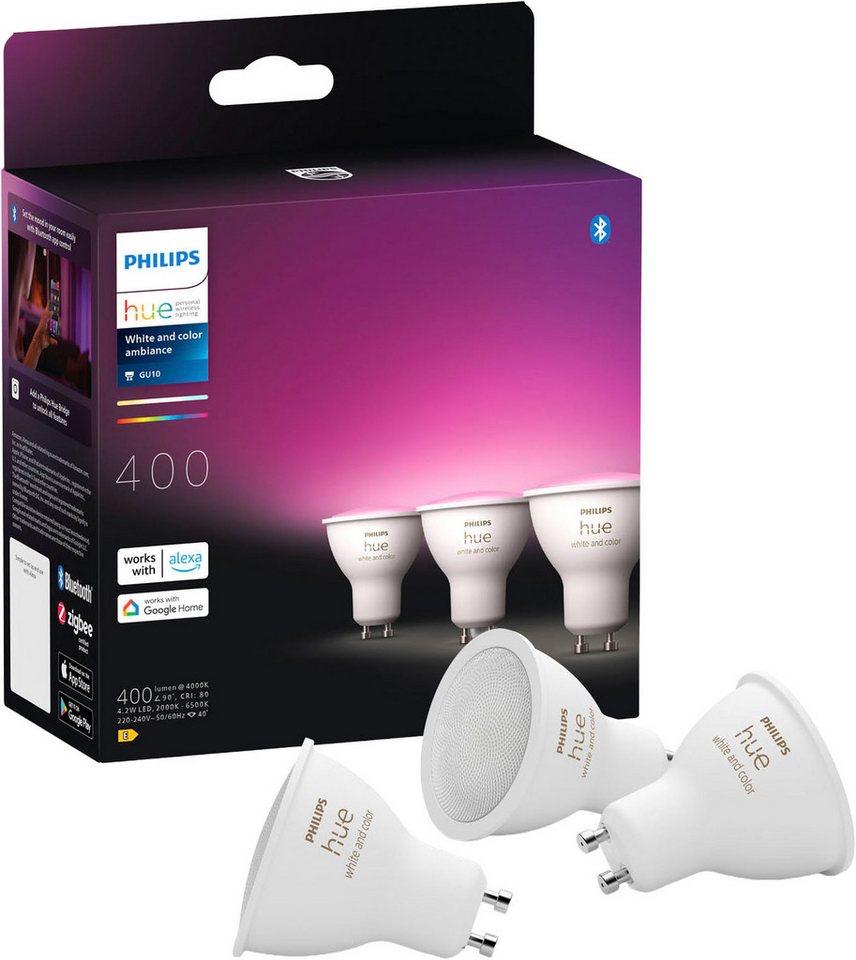 Philips Hue LED-Leuchtmittel White and Color Ambiance 400lm, GU10, 3 St., Farbwechsler von Philips Hue