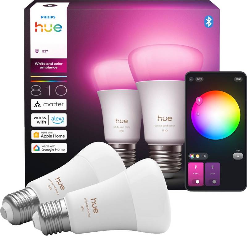 Philips Hue LED-Leuchtmittel White and Color Ambiance 810lm smarte Lampe, E27, 2 St., Farbwechsler, Vollspektrumlicht 1000K-20000K Philips Hue LED-Leuchtmittel White and Color Ambiance 810lm smarte Lampe, E27, 2 St., Farbwechsler, Vollspektrumlicht 1000K-20000K von Philips Hue