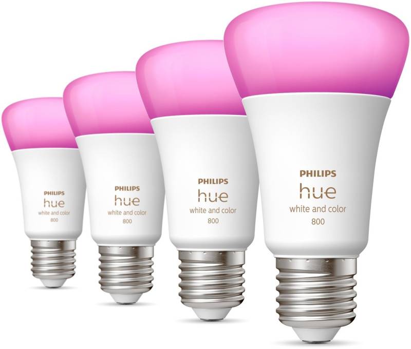 Philips Hue LED-Leuchtmittel White & Col. Amb. E27 Viererpack 4x570lm 60W, E27, 4 St., Farbwechsler, Warmweiß von Philips Hue