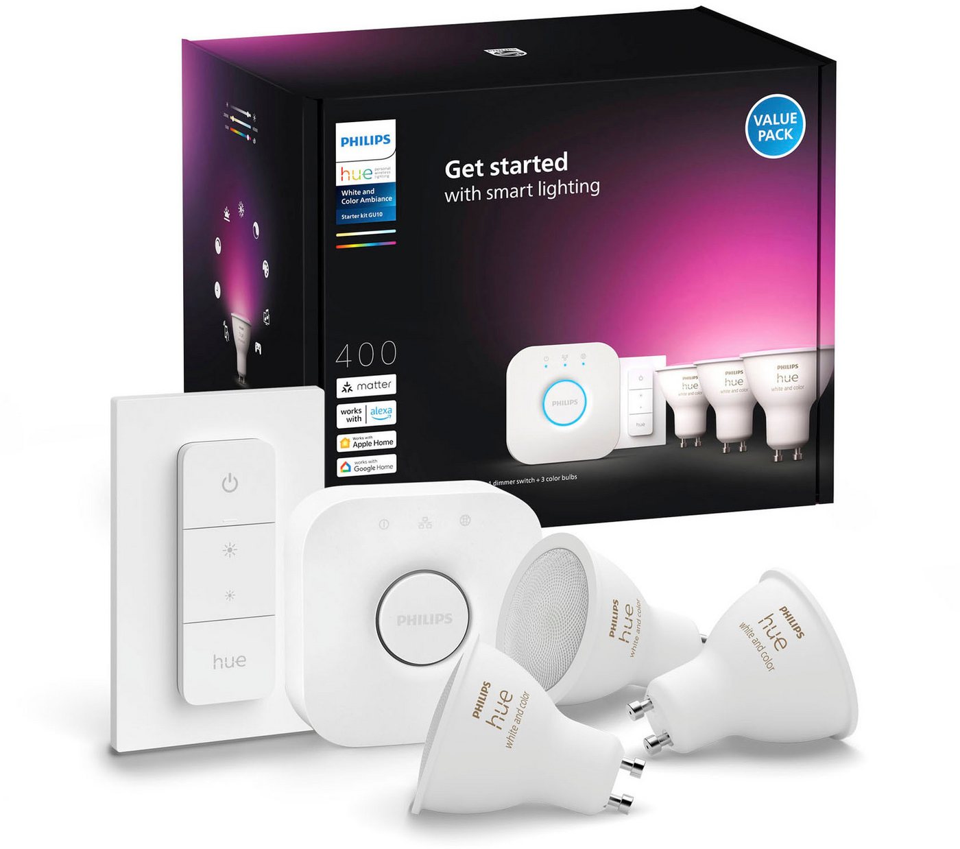 Philips Hue LED-Leuchtmittel White & Color Ambiance GU10 3er Starterset mit Dimmschalter, GU10, 3 St. Philips Hue LED-Leuchtmittel White & Color Ambiance GU10 3er Starterset mit Dimmschalter, GU10, 3 St. von Philips Hue