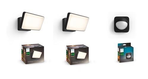 Philips Hue Outdoor Bundle – Bewegungssensor + 2X Welcome Flutlicht Weiß 15W – Smarte Außenbeleuchtung von Philips Hue