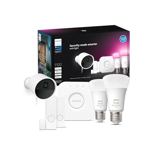 Philips Hue Secure Starter Kit, Hue Secure kabelgebundene Kamera, Hue Kontaktsensoren, Hue E27 White & Color Amb. Lampen, Hue Bridge, Zwei-Wege-Gespräch, per Hue App steuerbar von Philips Hue