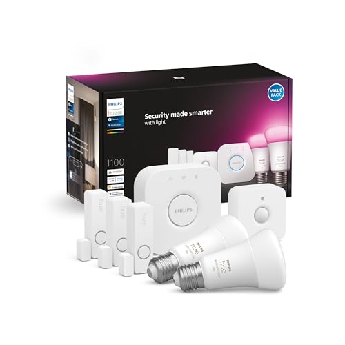 Philips Hue Secure Starter Kit mit 3 sicheren Kontaktsensoren (weiß), 1 Bewegungssensor für den Innenbereich, 2 White Ambiance & Color E27 LED Lampen, 1 Bridge von Philips Hue