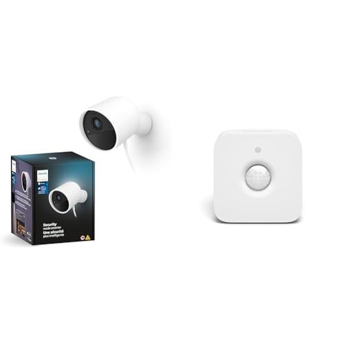 Philips Hue Secure kabelgebundene Smart Home Überwachungskamera mit Standfuß, Full HD Video, Smart Home Security und Lichtsteuerung per App, weiß + Hue Bewegungsmelder Indoor, Tageslichtsensor, weiß von Philips Hue