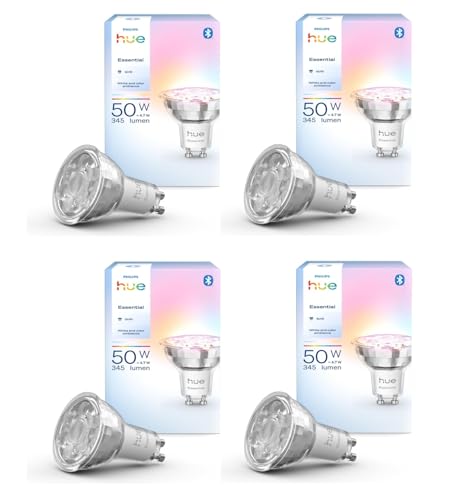 Philips Hue Set – 4 x weiße und farbige Ambiance 345 GU10 Smart-Leuchtmittel, dimmbare LED-Strahler, 16 m Farben, App- und Sprachsteuerung, funktioniert mit Alexa, Google Home und Apple HomeKit von Philips Hue