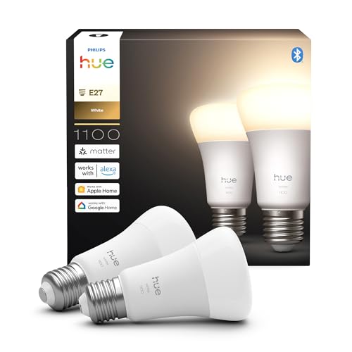 Philips Hue Smart LED A60 Lampe, warmes Weißlicht 2700K, E27 Fassung, 9,5W, 1100 Lumen, dimmbar, kompatibel mit Alexa, Google Assistant und Apple Home, 2er Pack Philips Hue Smart LED A60 Lampe, warmes Weißlicht 2700K, E27 Fassung, 9,5W, 1100 Lumen, dimmbar, kompatibel mit Alexa, Google Assistant und Apple Home, 2er Pack von Philips Hue