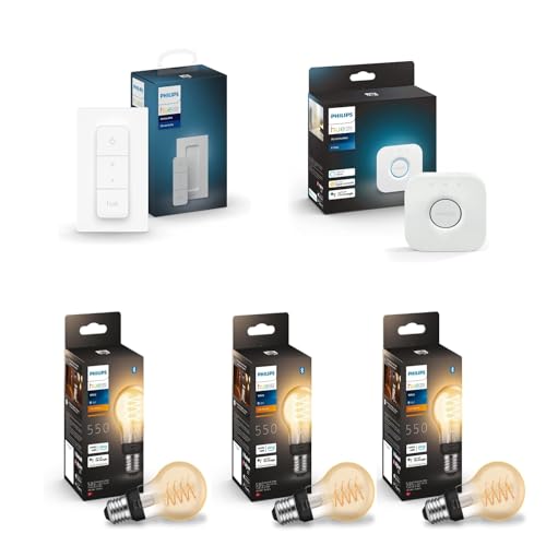 Philips Hue Starterpaket – E27 – mit 3 Filament-Standardlampen (A60) – Warmweißes Licht – Inkl. 1 Hue Bridge, 1 Hue Dimmschalter – Hue White Filament smarte Lichtsteuerung über Sprache und App von Philips Hue
