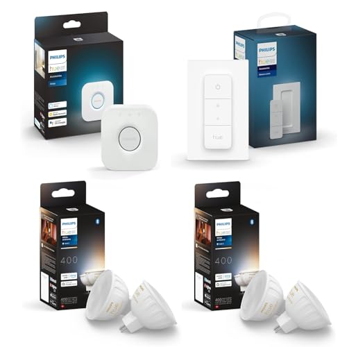 Philips Hue Starterpaket GU5.3 mit 4 Spots (MR16) 12V Warm- bis Kaltweißes Licht Inkl. 1 Hue Bridge Hue White Ambiance Lichtsystem mit allen Weißtönen, smarte Lichtsteuerung über Sprache und App von Philips Hue