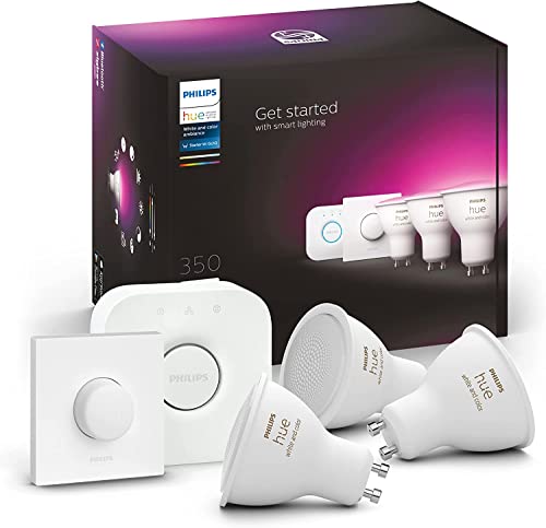 Philips Hue White & Color Ambiance GU10 3er Starter Set, inkl. Smart Button und Bridge, 3x350lm, dimmbar, 16 Mio. Farben, steuerbar via App, kompatibel mit Amazon Alexa (Echo, Echo Dot) von Philips Hue