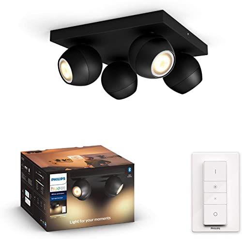 Philips Hue White Ambiance Buckram Spot 4 flg. schwarz 4x250lm inkl. Dimmschalter, dimmbar, alle Weißschattierungen, steuerbar via App, kompatibel mit Amazon Alexa (Echo, Echo Dot) von Philips Hue