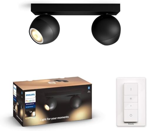 Philips Hue White Ambiance Buckram Spot 2 flg. schwarz 2x250lm inkl. Dimmschalter, dimmbar, alle Weißschattierungen, steuerbar via App, kompatibel mit Amazon Alexa (Echo, Echo Dot), 1 Stück (1er Pack) von Philips Hue