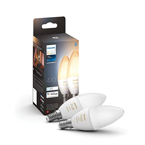 Philips Hue White Ambiance E14 LED Lampen 2er Pack (470 lm), dimmbare LED Leuchtmittel für das Hue Lichtsystem mit warm- bis kühlweißem Licht, smarte Lichtsteuerung über Sprache und App von Philips Hue