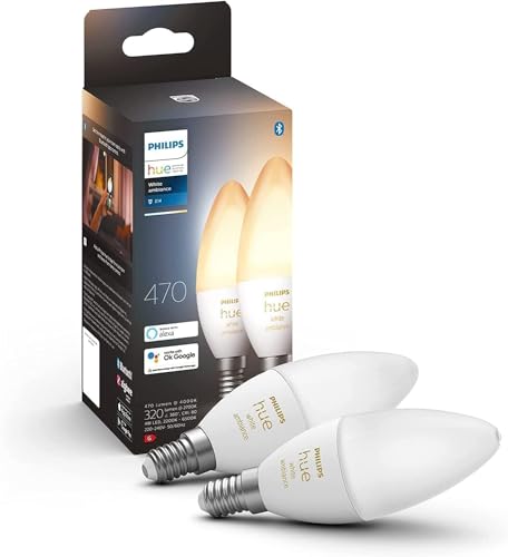 Philips Hue White Ambiance E14 LED Leuchten 2-er Pack (470 lm), dimmbare LED Lampen für das Hue Lichtsystem mit allen Weißtönen, smarte Lichtsteuerung über Sprache und App von Philips Hue