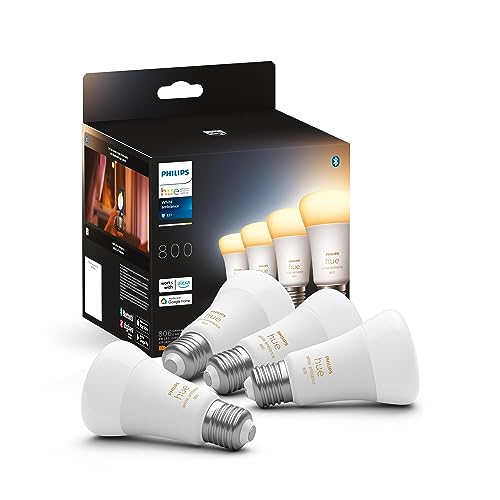 Philips Hue White Ambiance E27 LED Leuchten 4-er Pack, 4x800, dimmbare LED Lampen für das Hue Lichtsystem mit 16 Mio. Farben, smarte Lichtsteuerung über Sprache und App von Philips Hue