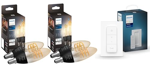 Philips Hue White Ambiance Filament 4 x E14 LED Lampe, dimmbar, 350lm, alle Weißschattierungen, steuerbar via App, kompatibel mit Amazon Alexa (Echo, Echo Dot), inkl. Hue Dimmschalter, Klar von Philips Hue