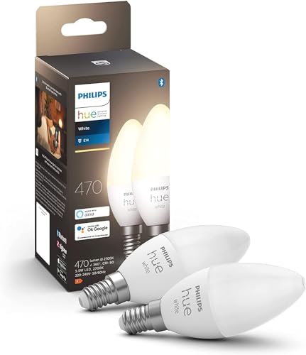 Philips Hue White E14 LED Lampen in Kerzenform 2-er Pack (470 lm), dimmbare LED Leuchtmittel für das Hue Lichtsystem mit warmweißem Licht, smarte Lichtsteuerung über Sprache und App von Philips Hue