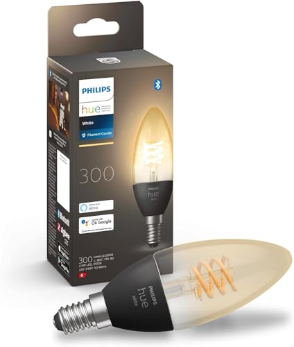 Philips Hue White E14 Kerze Einzelpack Filament 300lm, warmweißes Licht, dimmbar, steuerbar via App, kompatibel mit Amazon Alexa (Echo, Echo Dot) von Philips Hue