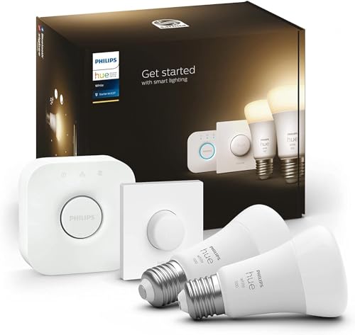 Philips Hue White Starter Set mit E27 Lampen 2-er Pack (1.055 lm), Smart Button+ Hue Bridge, LED Lampen mit warmweißem Licht über Hue Lichtsystem per Sprache und App steuerbar von Philips Hue