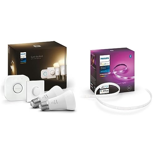 Philips Hue White E27 2er Starter Set inkl. Smart Button und Hue Bridge, 2x1055lm & White & Col. Amb. Lightstrip Plus 2m Basis, 1600lm, 16 Mio. Farben von Philips Hue