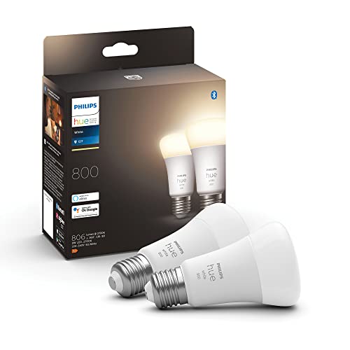 Philips Hue White E27 LED Lampen 2-er Pack (800 lm), dimmbare LED Leuchtmittel für das Hue Lichtsystem mit warmweißem Licht, smarte Lichtsteuerung über Sprache und App von Philips Hue