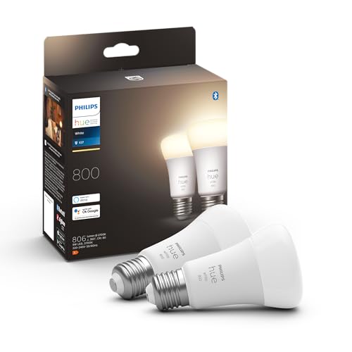 Philips Hue White E27 LED Lampen 2-er Pack (800 lm), dimmbare LED Leuchtmittel für das Hue Lichtsystem mit warmweißem Licht, smarte Lichtsteuerung über Sprache und App von Philips Hue