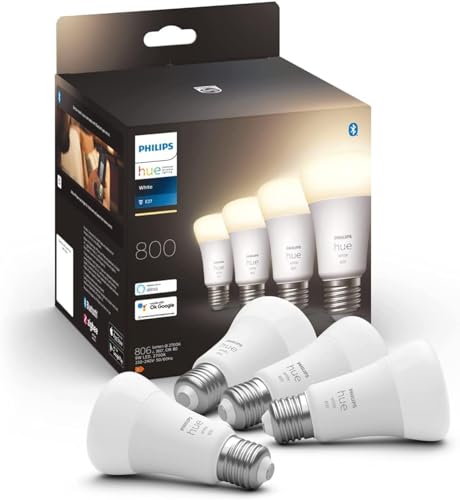 Philips Hue White E27 LED Lampen 4-er Pack (800 lm), dimmbare LED Leuchtmittel für das Hue Lichtsystem mit warmweißem Licht, smarte Lichtsteuerung über Sprache und App von Philips Hue