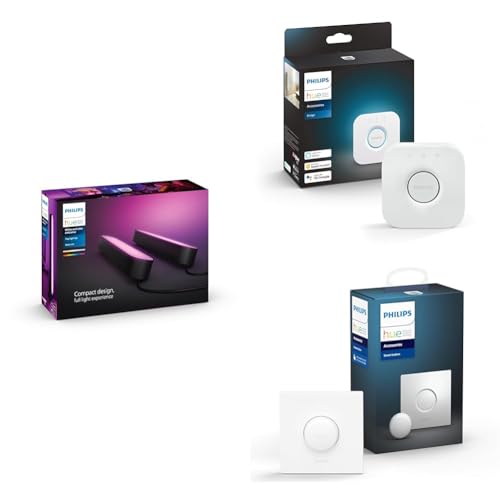 Philips Hue White and Color Ambiance Play Lightbar 2-er Pack, Schwarz + Bridge, zentrales, intelligentes Steuerelement des Hue Systems + Smart Button, komfortables Dimmen ohne Installation, LED von Philips Hue