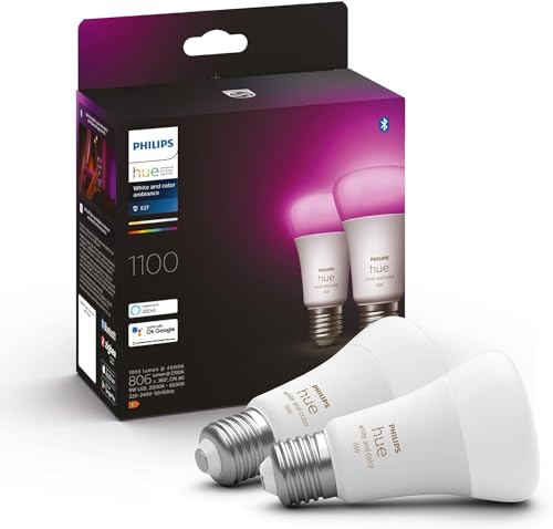 Philips Hue White & Color Ambiance E27 LED Lampen 2-er Pack (1100), TESTSIEGER Stiftung Warentest (01/2024), dimmbare LED Leuchtmittel mit 16 Mio. Farben, smarte Lichtsteuerung über Sprache und App von Philips Hue