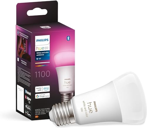 Philips Hue White & Color Ambiance E27 LED Lampe (1100 lm), TESTSIEGER Stiftung Warentest (01/2024), dimmbare mit 16 Mio. Farben, smarte Lichtsteuerung über Sprache und App von Philips Hue