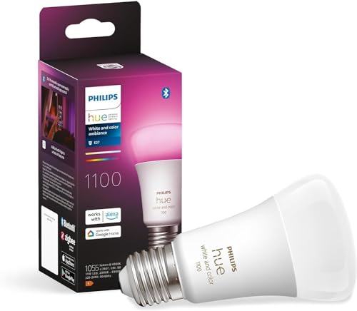 Philips Hue White & Color Ambiance E27 LED Lampe (1100 lm), TESTSIEGER Stiftung Warentest (01/2024), dimmbare mit 16 Mio. Farben, smarte Lichtsteuerung über Sprache und App, 1er Pack von Philips Hue