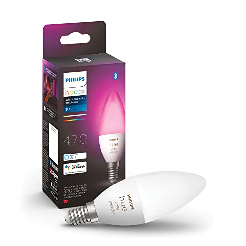 Philips Hue White & Color Ambiance E14 LED Lampe (470 lm), dimmbares LED Leuchtmittel für das Hue Lichtsystem mit 16 Mio. Farben, smarte Lichtsteuerung über Sprache und App, 1er Pack von Philips Hue