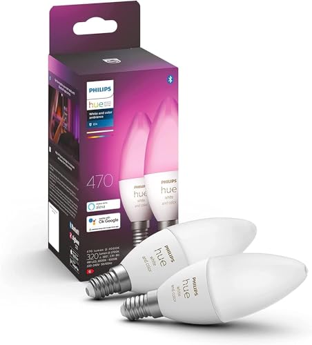 Philips Hue White & Color Ambiance E14 LED Lampen 2-er Pack (470 lm), dimmbare LED Leuchtmittel für das Hue Lichtsystem mit 16 Mio. Farben, smarte Lichtsteuerung über Sprache und App von Philips Hue