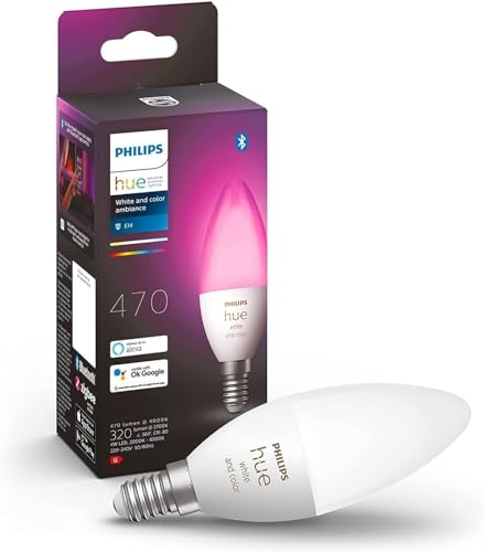 Philips Hue White & Color Ambiance E14 LED Lampe (470 lm), dimmbares LED Leuchtmittel für das Hue Lichtsystem mit 16 Mio. Farben, smarte Lichtsteuerung über Sprache und App von Philips Hue