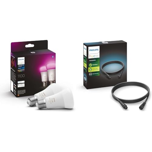 Philips Hue White & Color Ambiance E27 LED Lampen 2-er Pack (1.055 lm) & Outdoor Verlängerungskabel, Zubehör Niedervolt-System, 2.5m, schwarz, wetterfest (IP67) von Philips Hue
