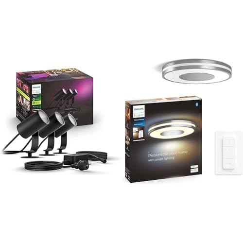 Philips Hue White & Color Ambiance Lily Gartenstrahler 3-er Pack (1.770 lm) & White Ambiance Being Deckenleuchte 2400lm inkl. Dimmschalter von Philips Hue