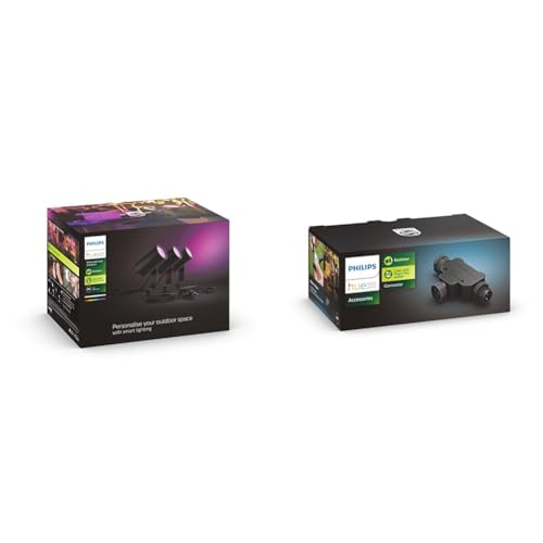 Philips Hue White & Color Ambiance Lily Gartenstrahler 3-er Pack & Outdoor T-Stecker, Zubehör Niedervolt-System, schwarz, wetterfest (IP67) von Philips Hue