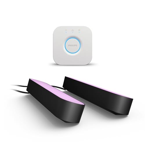 Philips Hue White & Color Ambiance Play Lightbar 2er Pack (500 lm) und Hue Bridge, dimmbare LED-Lightbar für das Hue Lichtsystem mit 16 Mio. Farben, smarte Lichtsteuerung über Sprache oder App,schwarz von Philips Hue