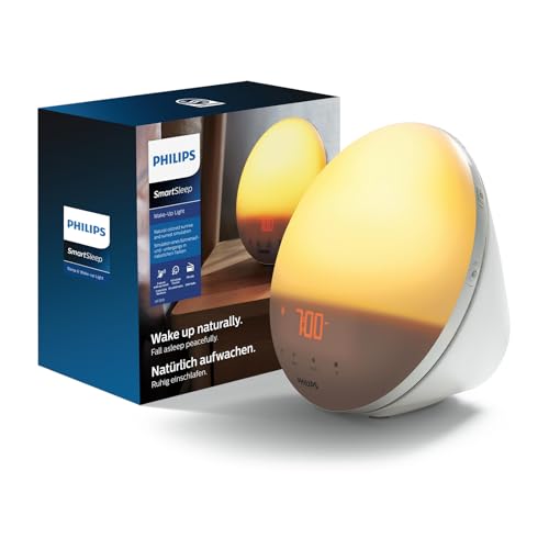 PHILIPS SmartSleep Wake-up Light – Nachttischlampe und Wecker mit USB, Farbige Sonnenaufgangssimulation, 20 Helligkeitseinstellungen, 7 natürliche Wecktöne, Mitternacht-Lichtfunktion, Modell HF3532-01 von Philips Lighting